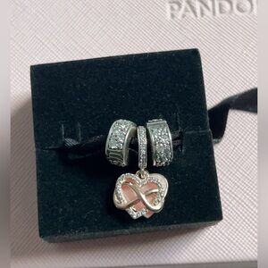 Pandora “Family Forever” engraved Charm w/Rose gold accent and 2 white cz clips